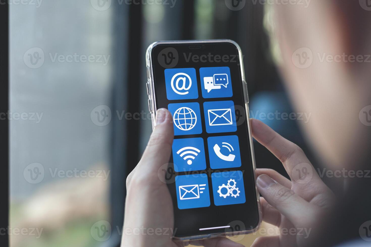 Service applications on smartphones with contact us service hotline, Address, phone number, email, and chat. concept of customer service department providing Troubleshoot and answer questions photo