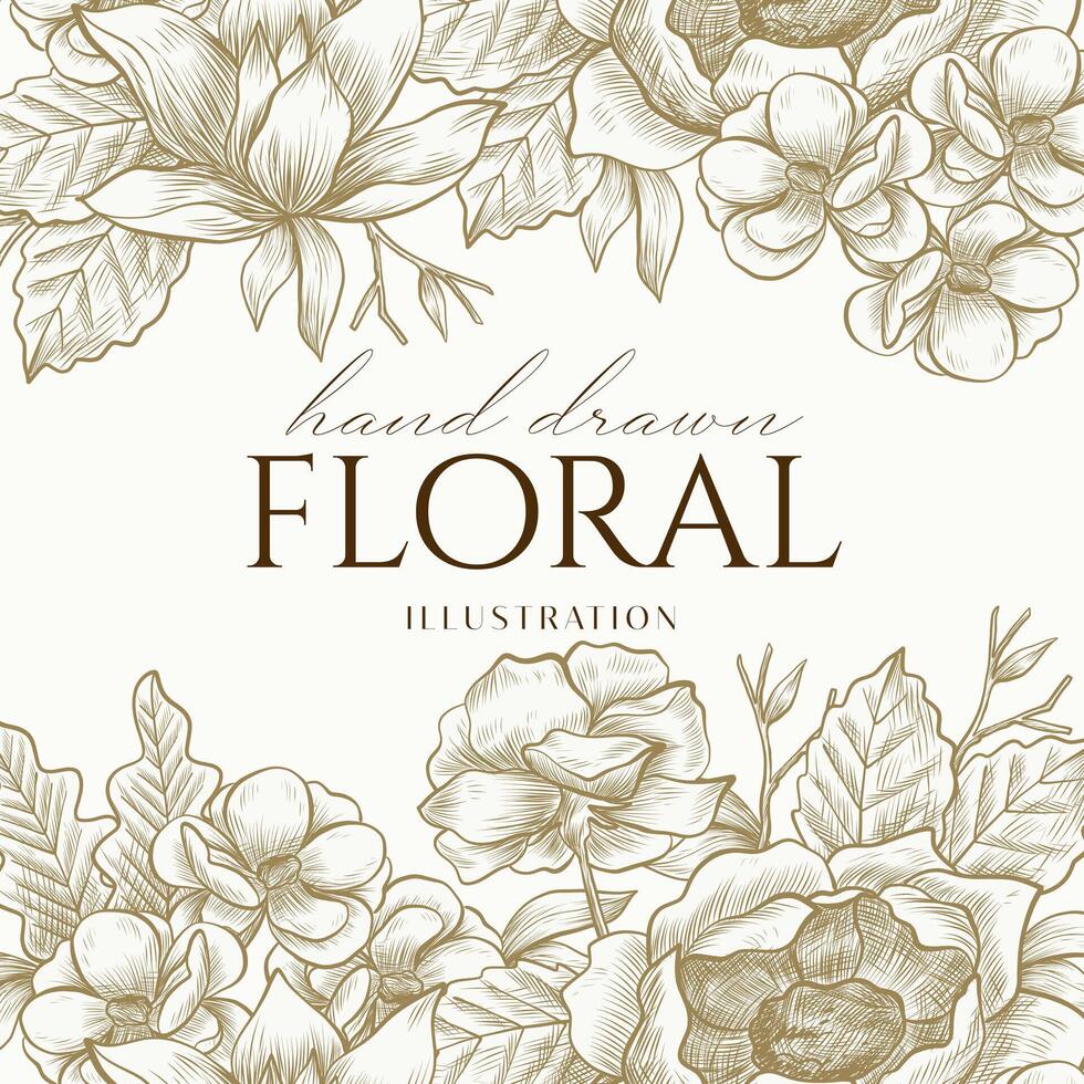 Elegance Cream Brown Hand drawn mono-line floral botanical flower background design vector