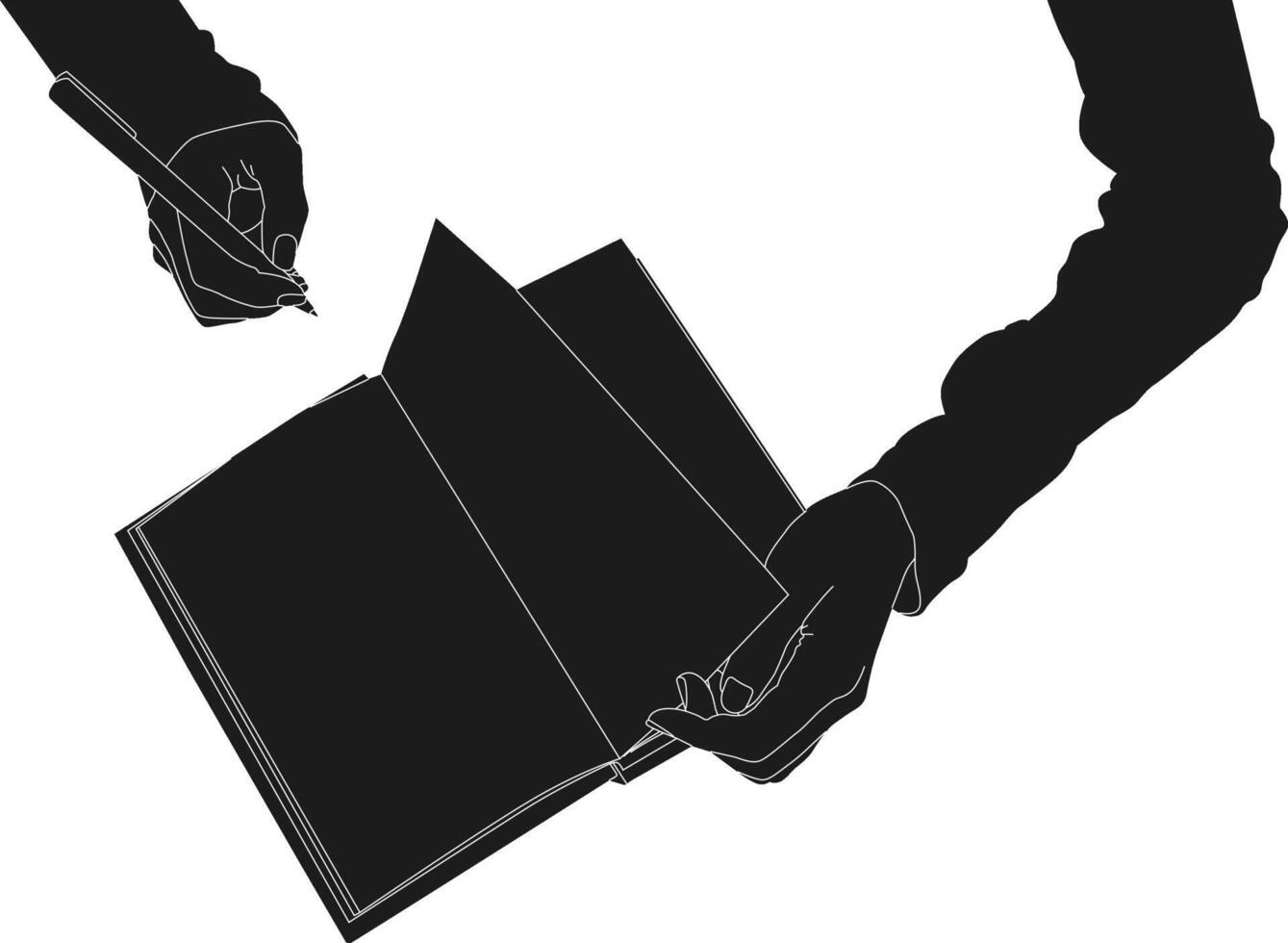 Silhouette hand holding pen with book vector