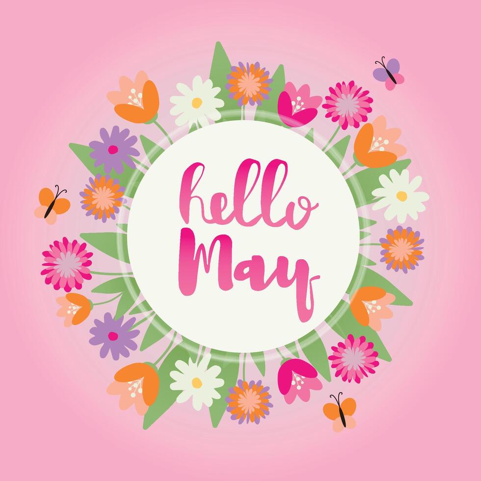 Hello May card with decorative floral frame, illustration, decorative florid background with copy space vector