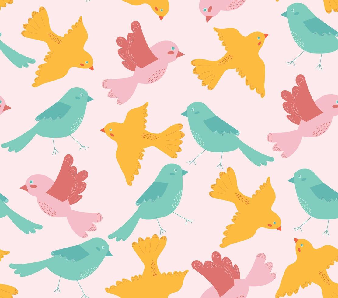 Colorful birds drawing seamless pattern in swatches. Flying birds on pink background, illustration for card, banner, poster, wallpaper. vector