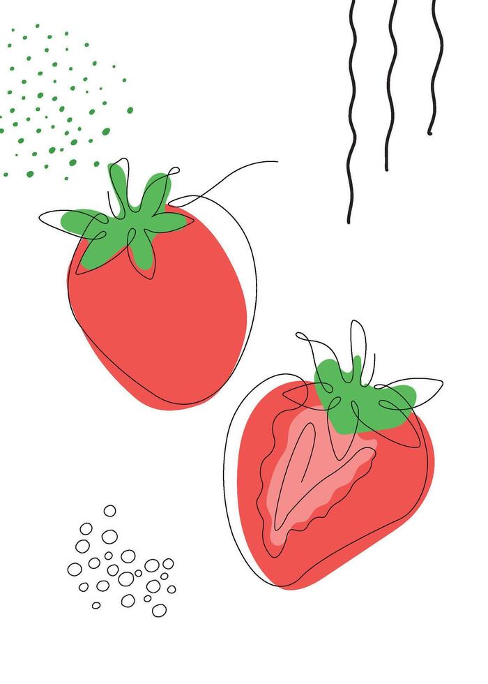 Continuous one line drawing strawberries. illustration. Black line art on white background with colorful spots and elements. Poster in minimalism concept vector