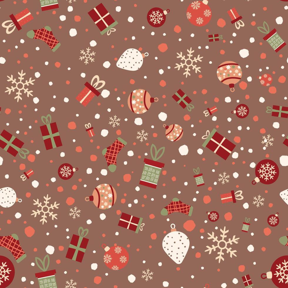 Hand Drawn seamless Christmas pattern in swatches with gifts, snowflakes, Christmas decoration. Square Seamless Pattern on brown and transparent Backgrounds. Perfect for Invitations, Gift Paper vector