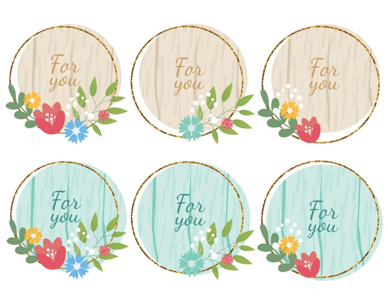 Wooden design elements set with flowers and text For You. wood board, frame, badge, label, shield, signboard collection. Brown and blue background with text. illustration. vector