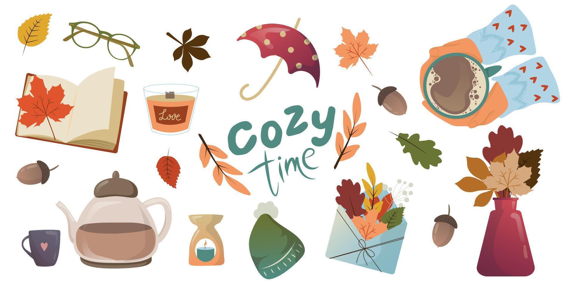 set of autumn icons cup of coffee, falling leaves, cozy time, candles, book and teapot. Scrapbook collection of fall season elements. Bright elements for harvest time. Autumn collection vector