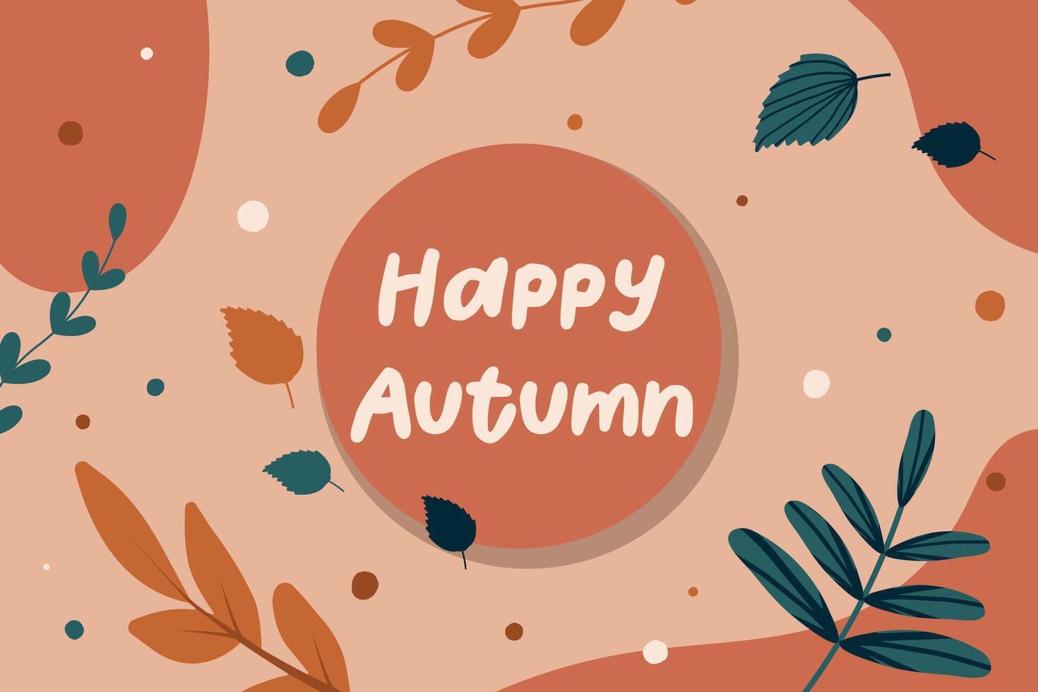 Happy autumn brush pen lettering. Simple background with orange and dark green elements. Design holiday greeting card and invitation of seasonal American and Canadian autumn holidays. vector