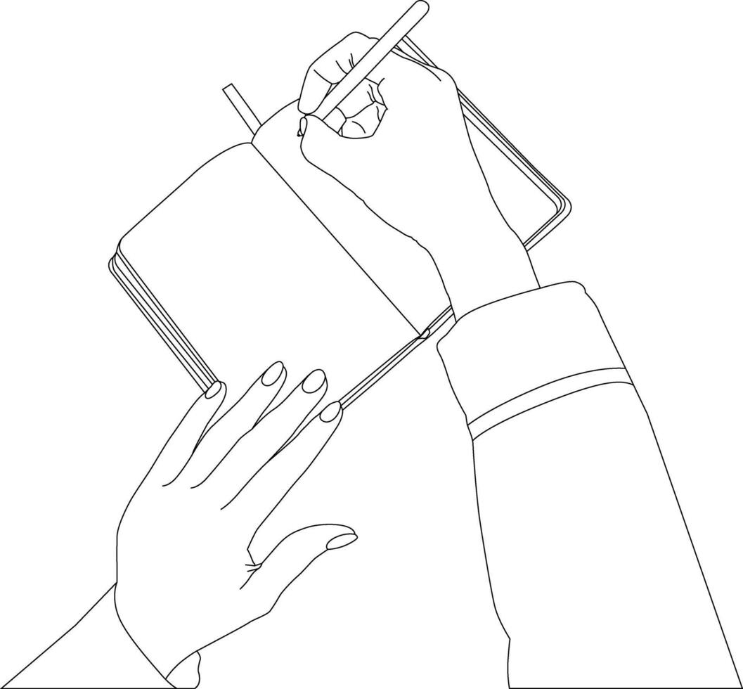 One line drawing hand holding pen with book vector