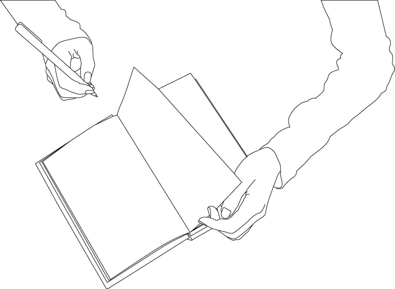 One line drawing hand holding pen with book vector