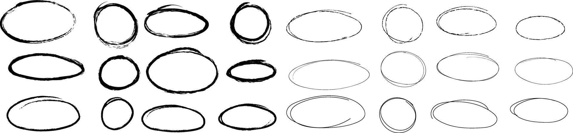 Hand drawn textured highlight circles and ovals, isolated frames set vector