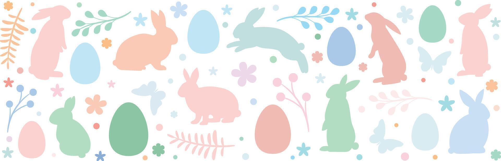 Pastel colorful Easter banner, holiday background design, greeting concept clip art illustration pattern with rabbits vector