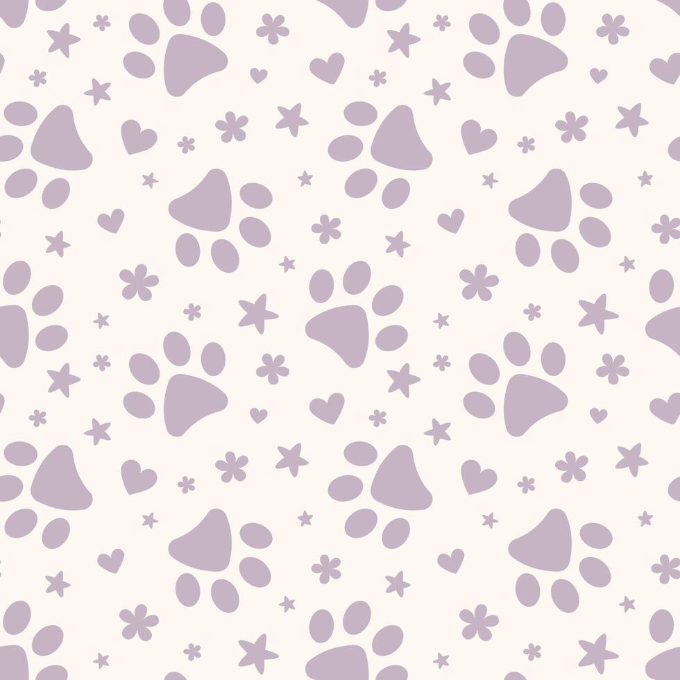 Purple paw seamless pattern with hearts and stars, adorable background for pets, repeating tile vector