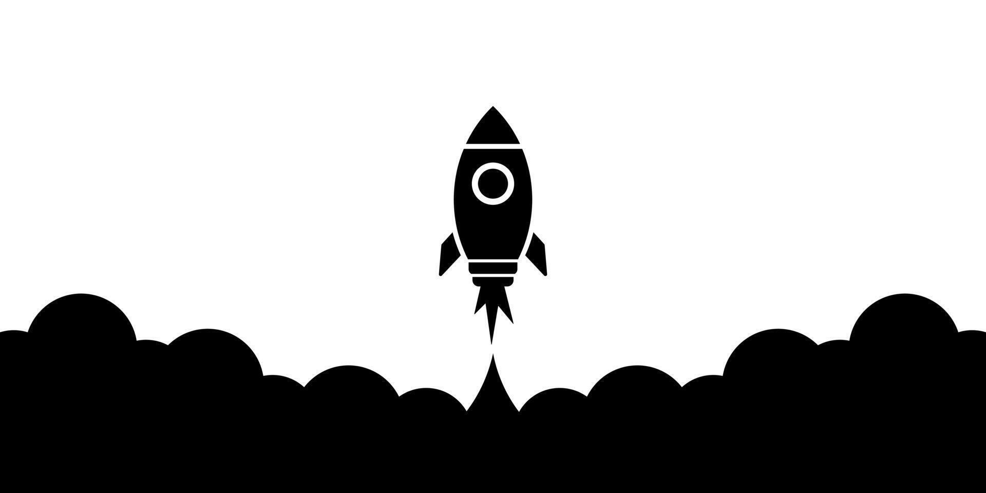 Simple flat back and white rocket startup launch design, silhouette banner, space ship background concept design vector