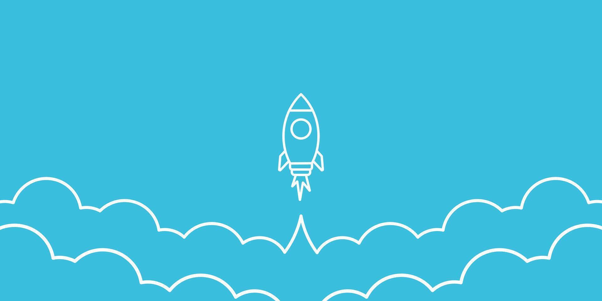 Line art rocket banner space ship and clouds background banner design vector