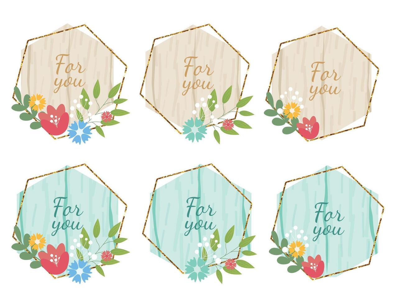 Wooden design elements set with flowers and text For You. wood board, frame, badge, label, shield, signboard collection. Brown and blue background with text. illustration. vector