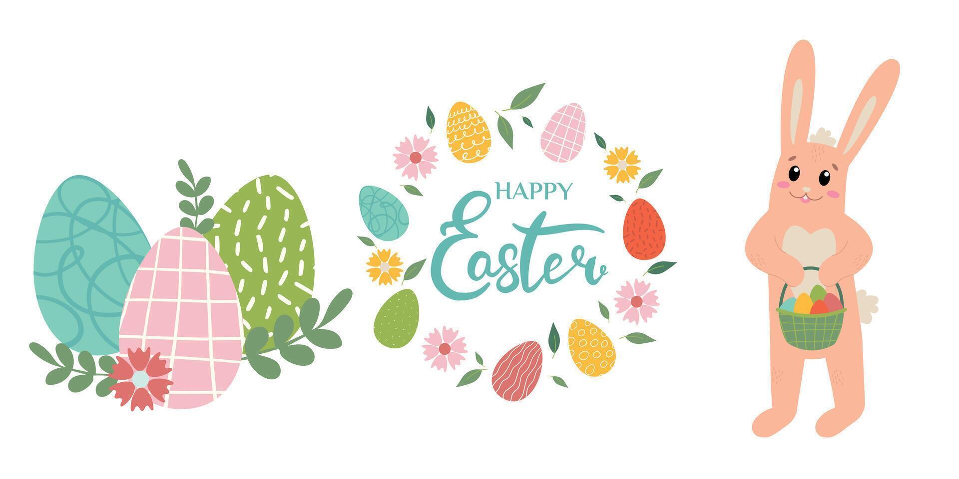 Collection of Easter elements - Easter rabbit, wreath, Easter eggs. Flat Illustration in pastel colors isolated on white background for for poster, icon, card, logo, label. vector