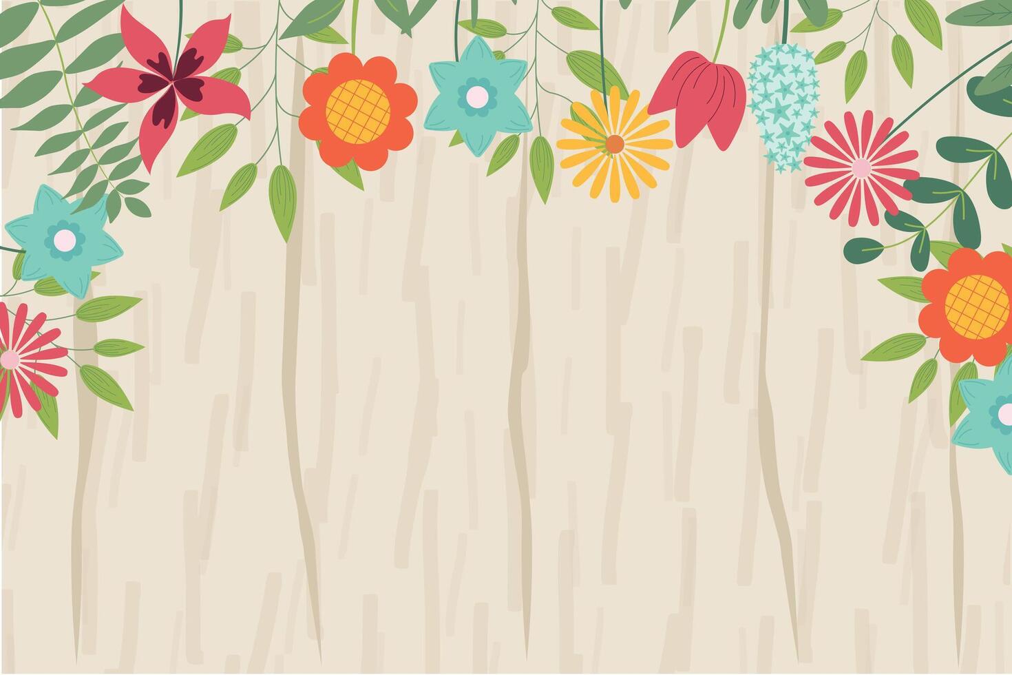 Hand sketched background, illustration. Border with leaves and flowers for greeting card, invitation template in pastel colors on wooden texture background. Retro, poster, background. vector