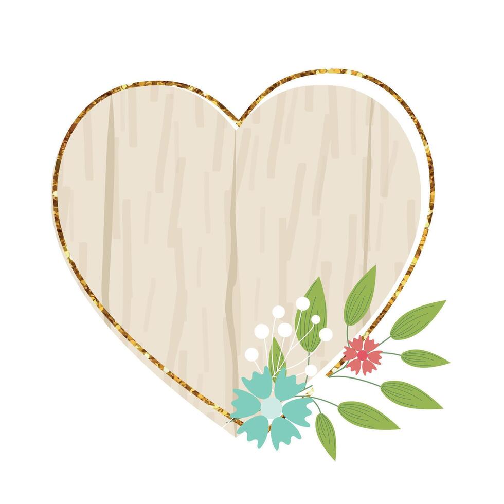 Wooden heart sign element with flowers. wood board, frame, badge, label, shield, signboard collection. Brown background for your text. illustration. vector