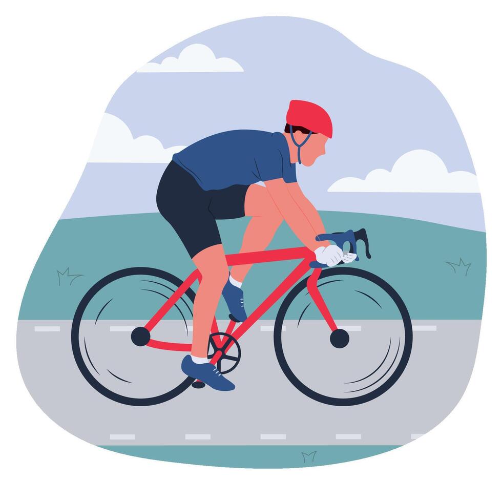 hombre en bicicleta ilustración aislado en blanco antecedentes. montar en bicicleta deporte. deporte competencia concepto. pasatiempo para salud. dibujos animados diseño para póster, icono, tarjeta, logo, etiqueta, bandera o pegatina. vector