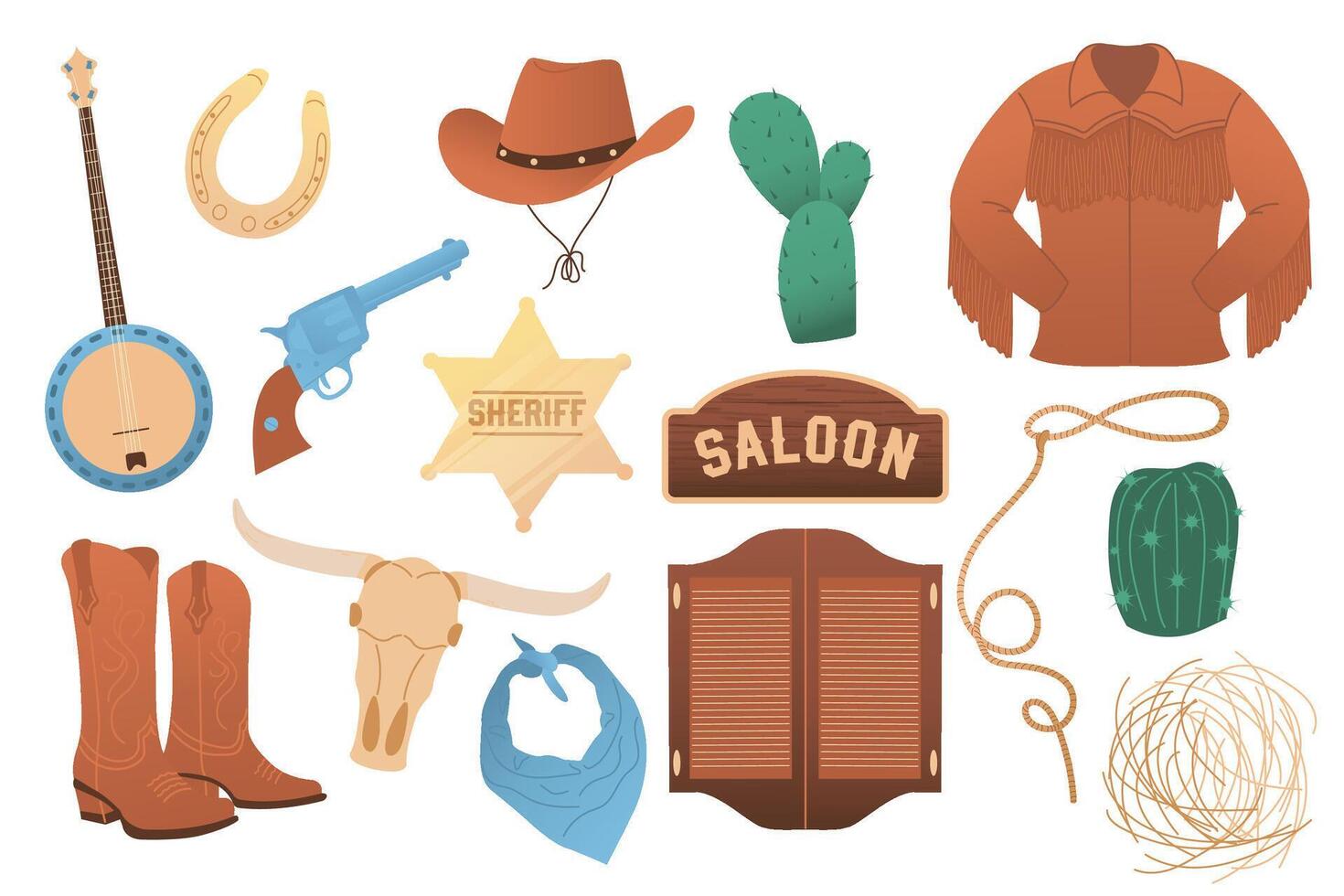 Cowboy aesthetic, Western Rodeo Cowboy Set, Wild west, country style. vector