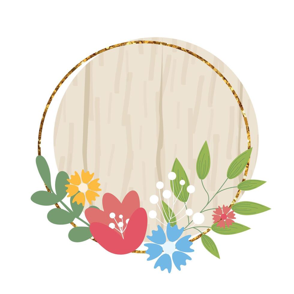 Wooden circle sign element with flowers. wood board, frame, badge, label, shield, signboard collection. Brown background for your text. illustration. vector