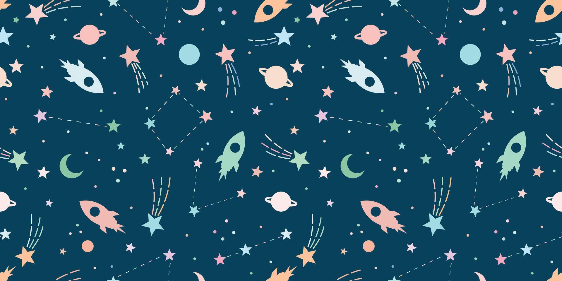 Galaxy rocket backgorund, flat illustration seamless repeat pattern with stars and planets, space wallpaper design vector