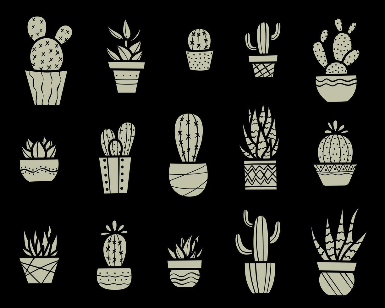 Houseplants in pots hand drawn illustration, plant silhouettes, clip art set vector