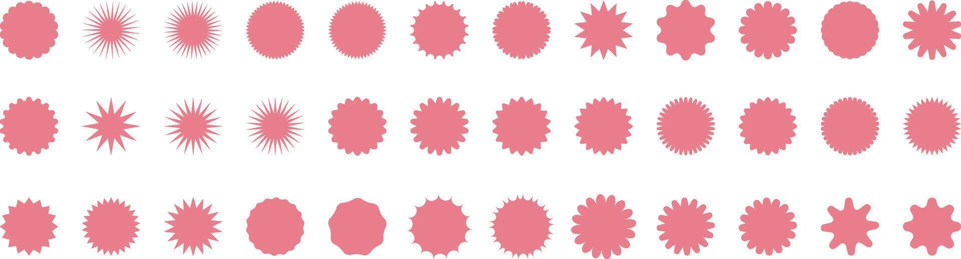 Pink starburst set, sales sticker, price tag or quality mark, retro clip art isolated label design collection vector