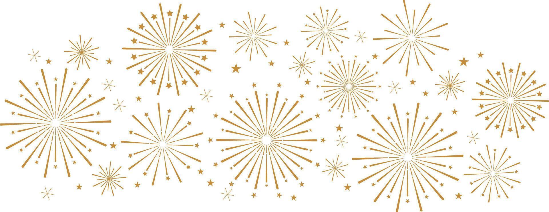 festivo Fuegos artificiales bandera con estrellas, dorado acortar Arte fuegos artificiales, aislado elemento vector