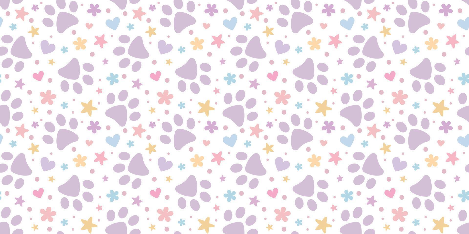 Cute paw pattern for pets with hearts and stars, adorable pastel background for cats or dogs vector