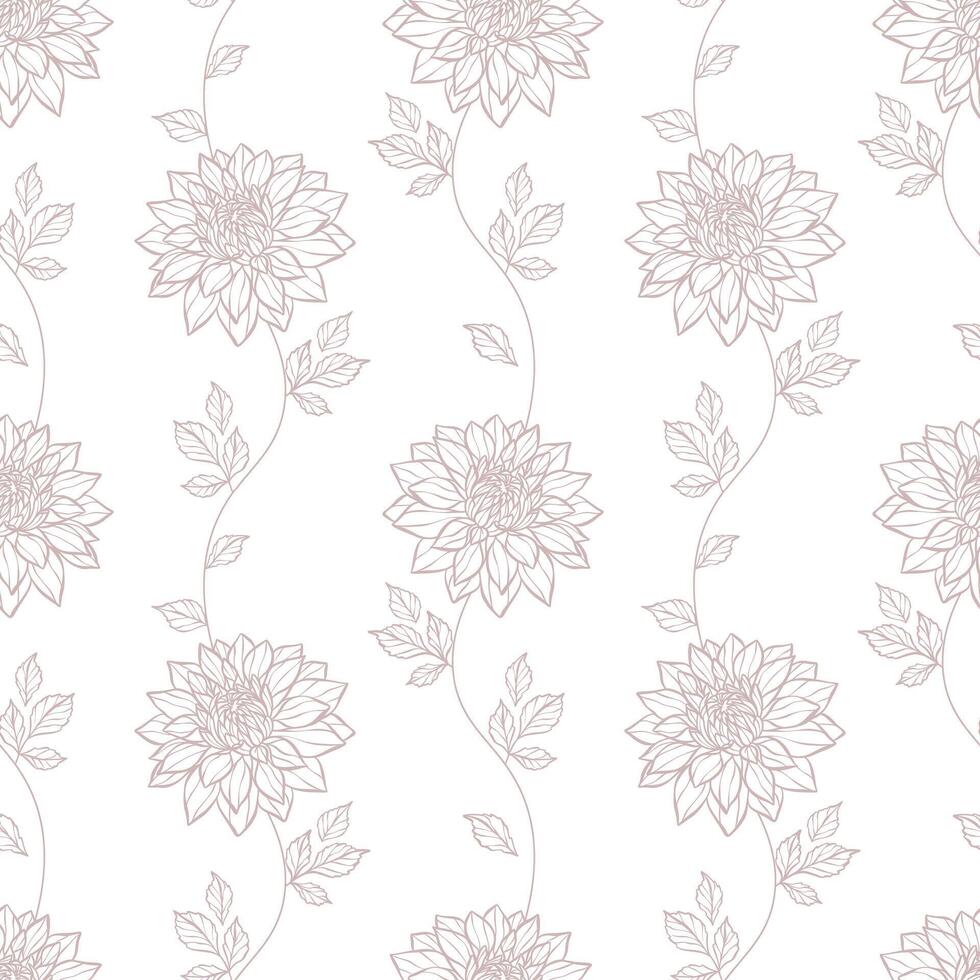 Seamless pattern, hand drawn dahlia flowers climbing vine floral white background design vector