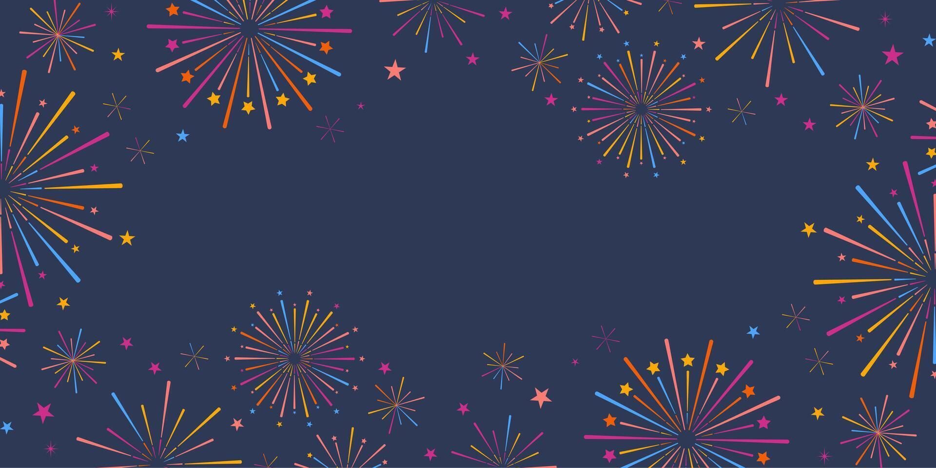 Colorful carnival or birthday celebration background with fireworks, holiday celebration wallpaper frame design with colorful firework elements, frame concept vector