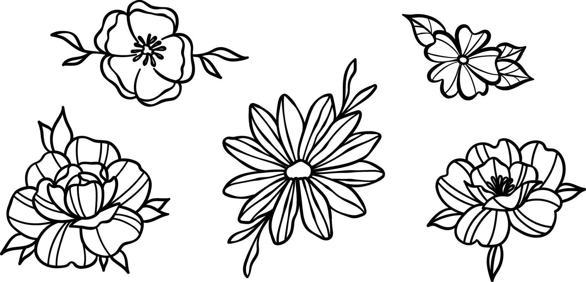 Line art flower doodles, flower head illustration set, isolated vector