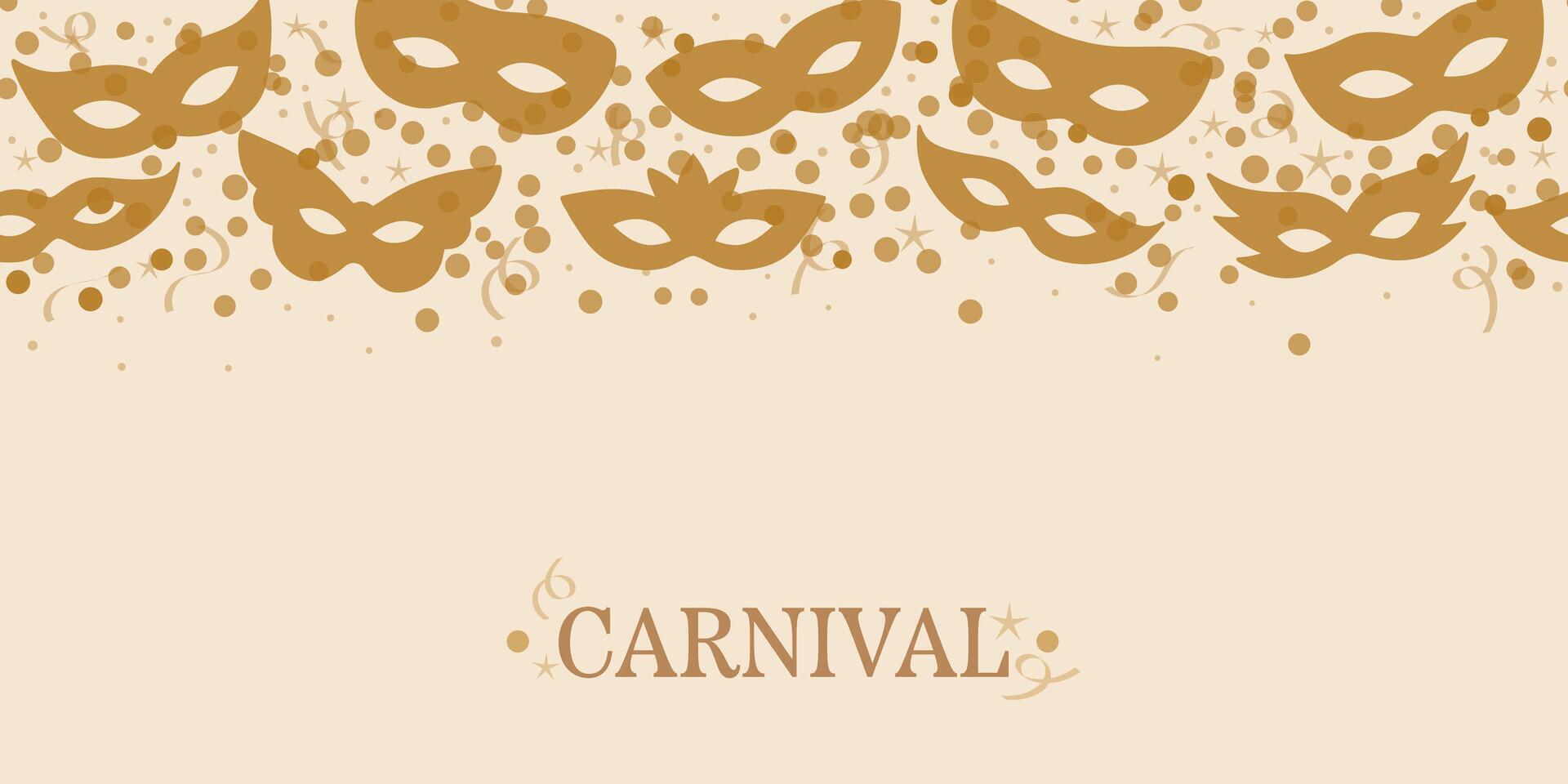 Gold carnival greeting banner with masks and confetti, elegant holiday backgorund concept vector