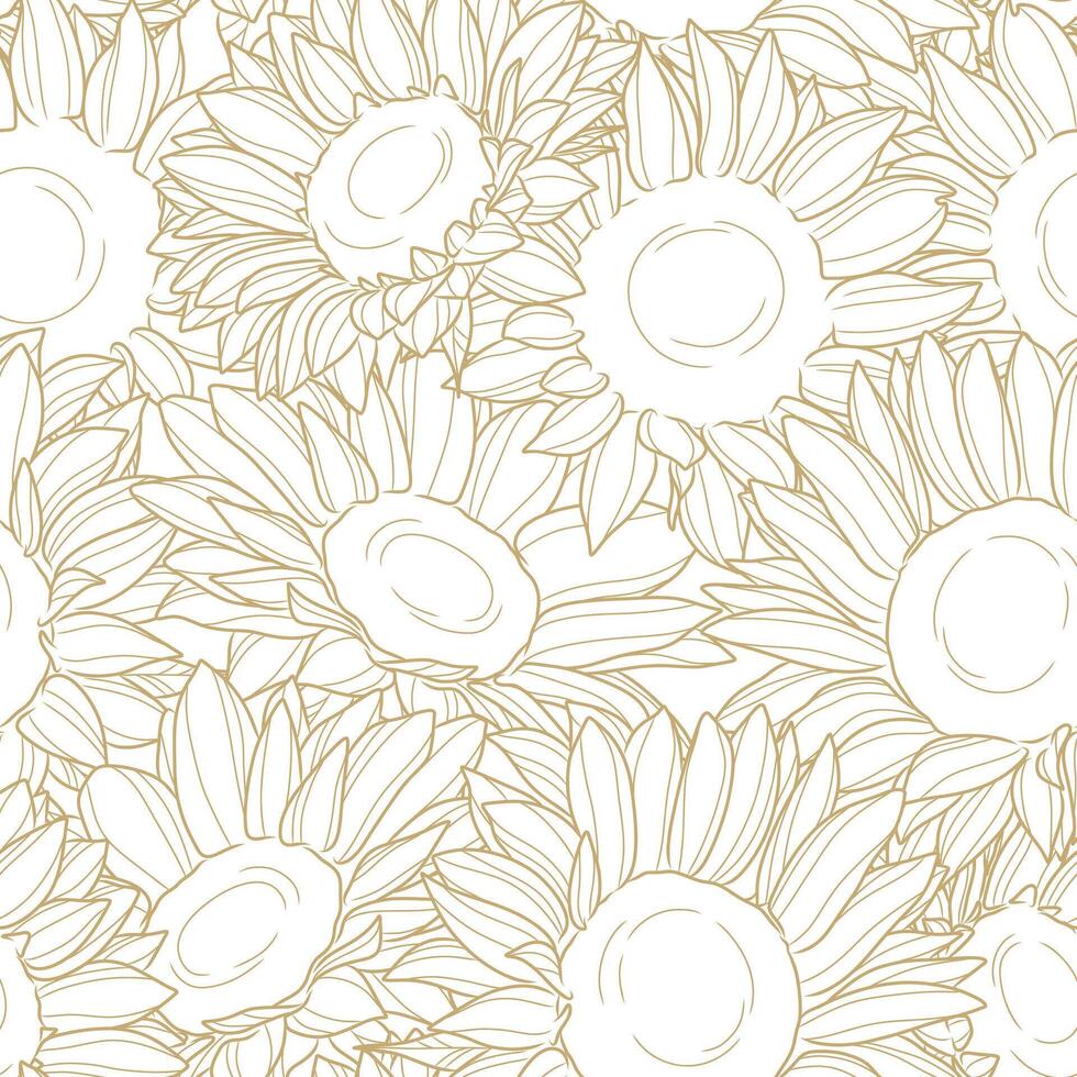 Sunflower elegant line art pattern, seamless floral repeat tile vector