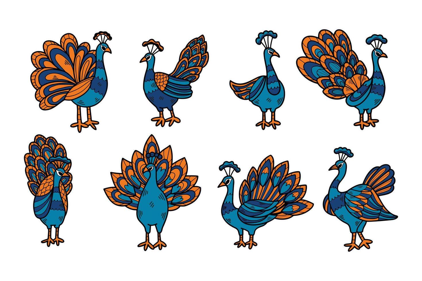 A set of black and white drawings of peacocks vector