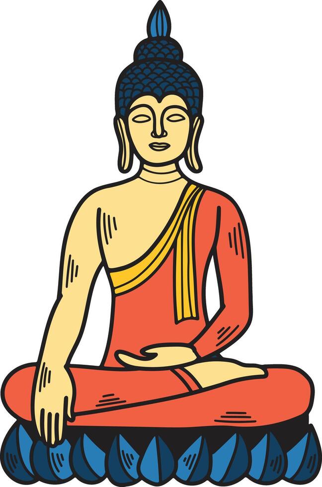 A white drawing of a Buddha statue sitting on a lotus flower vector