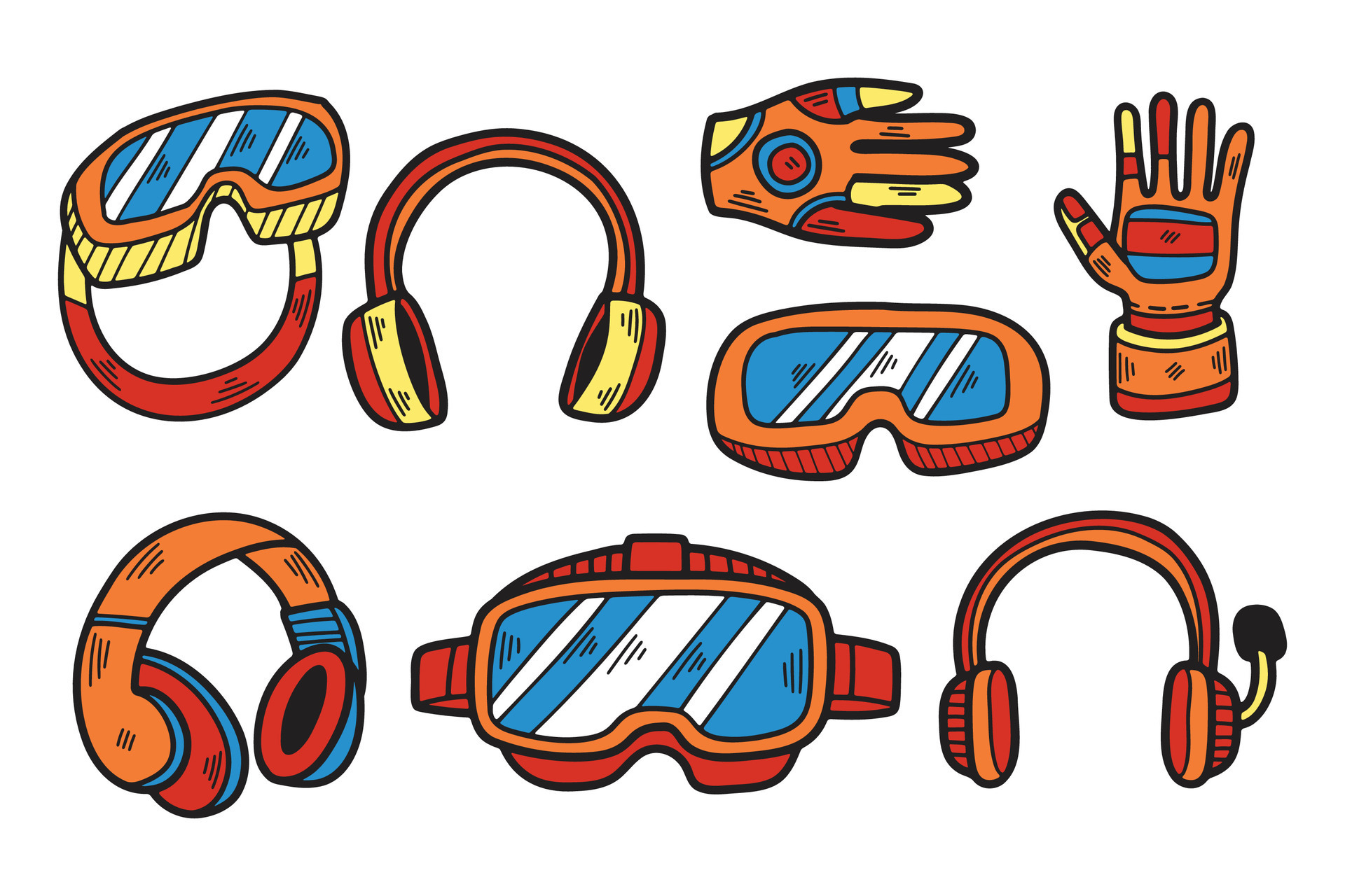 A set of goggles, gloves, and headphones 44614595 Vector Art at Vecteezy
