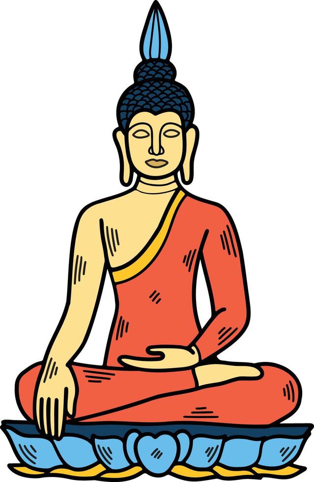 A white drawing of a Buddha statue sitting on a lotus flower vector