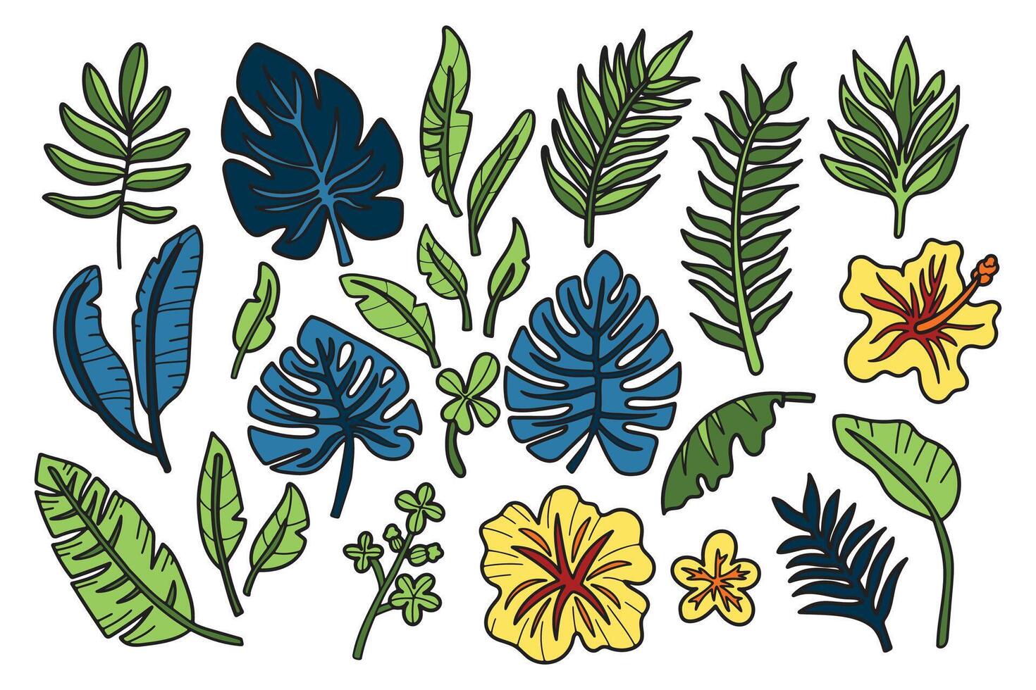 un colección de negro y blanco dibujos de varios tropical plantas y flores vector