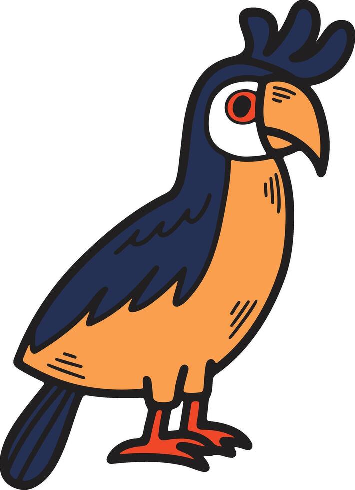 A black and white drawing of a bird with a large beak and a colorful tail vector