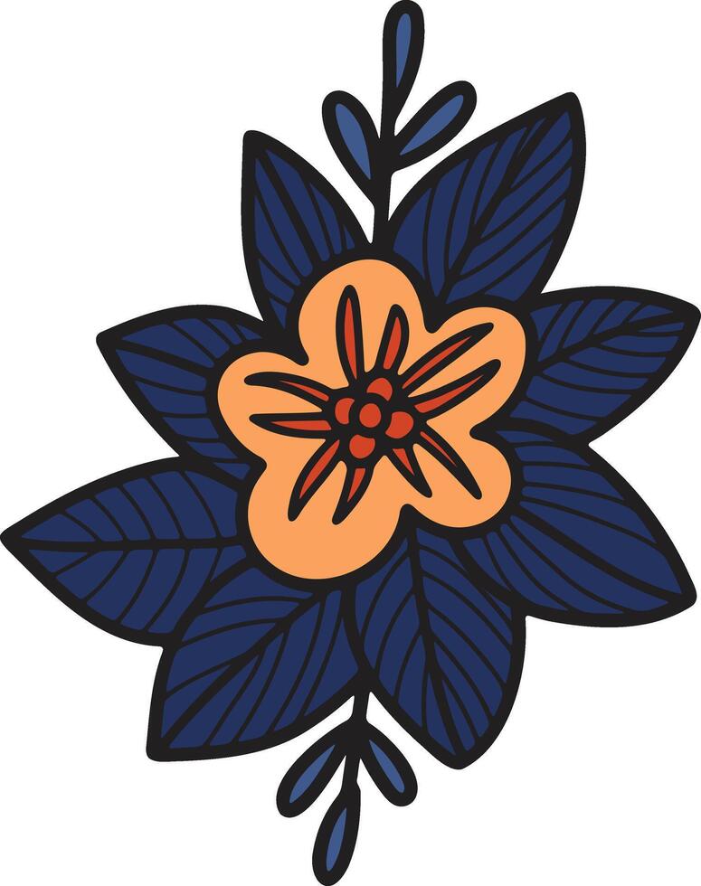 A black and white drawing of a flower with a leaf vector