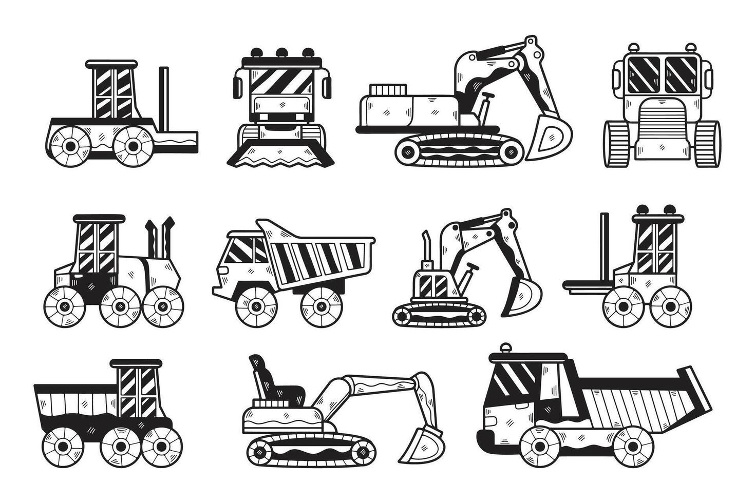 un colección de negro y blanco dibujos de construcción vehículos vector