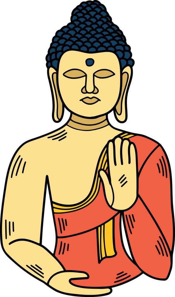 A drawing of a Buddha statue with a hand on its chest vector