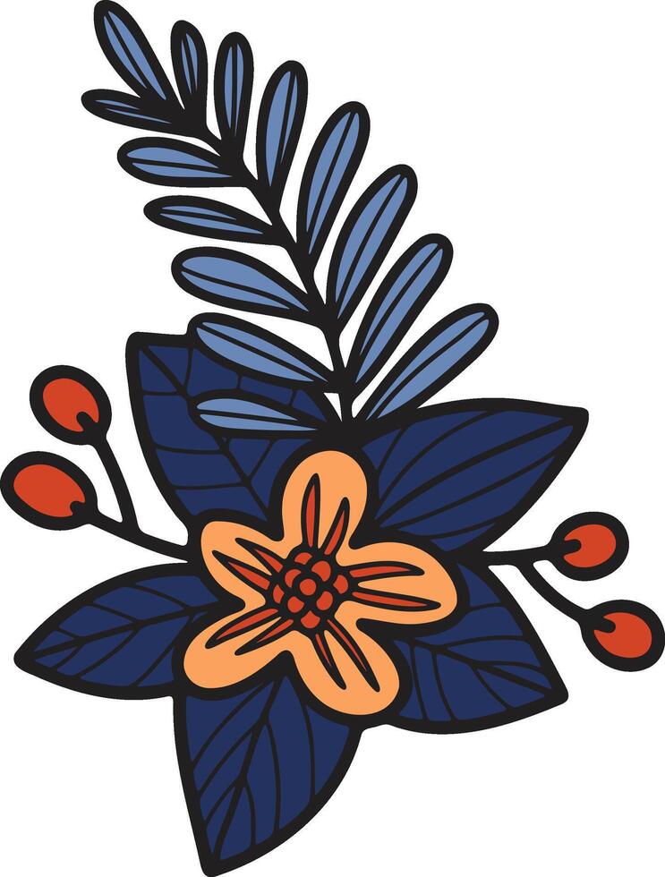 A black and white drawing of a flower with a leaf vector