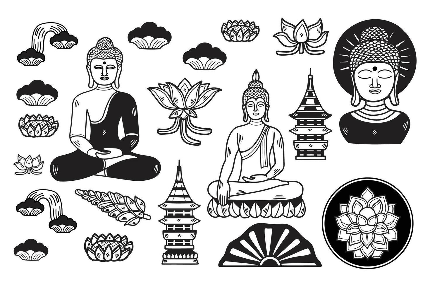 A black and white drawing of a Buddhist monk, a lotus flower, and a pagoda vector