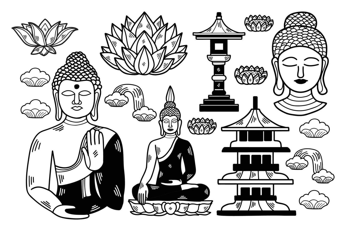 A black and white drawing of a Buddhist monk, a lotus flower, and a pagoda vector