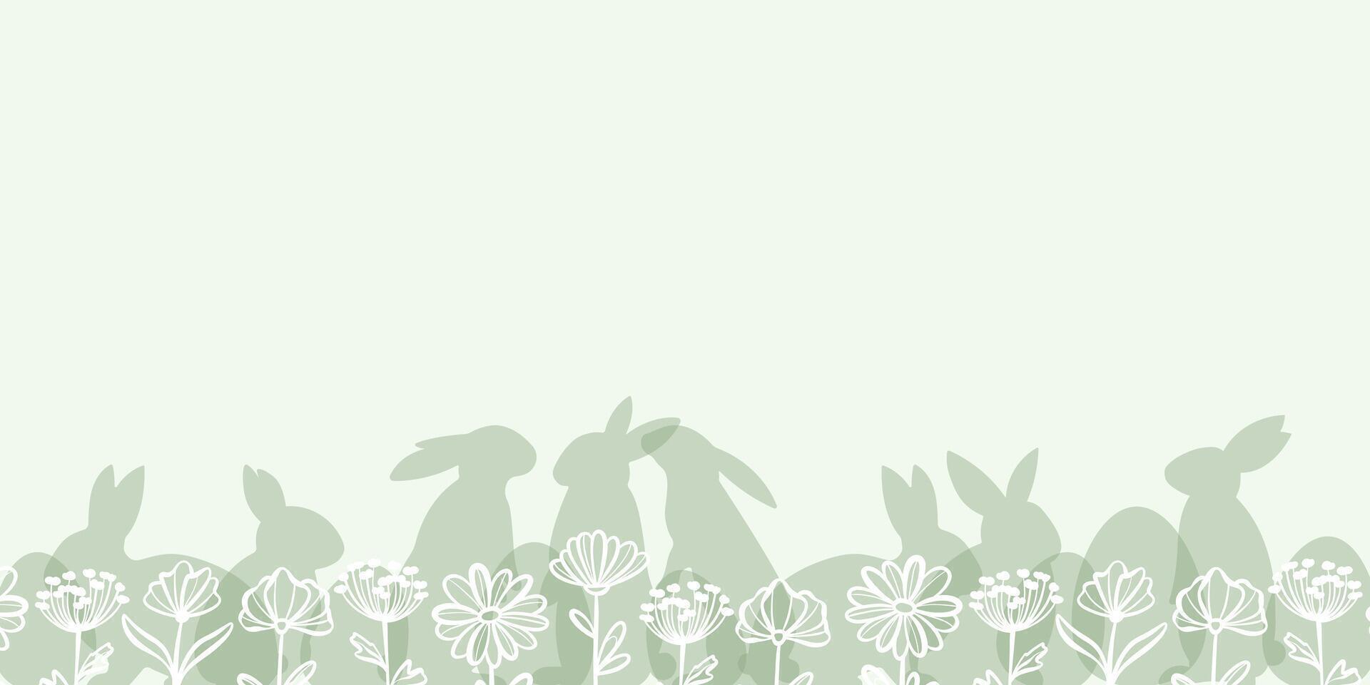 Green Easter floral background with eggs and rabbits, adorable wallpaper, greeting banner design vector