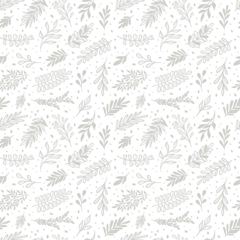 White leaf seamless pattern with hand drawn leaves, minimalist print vector