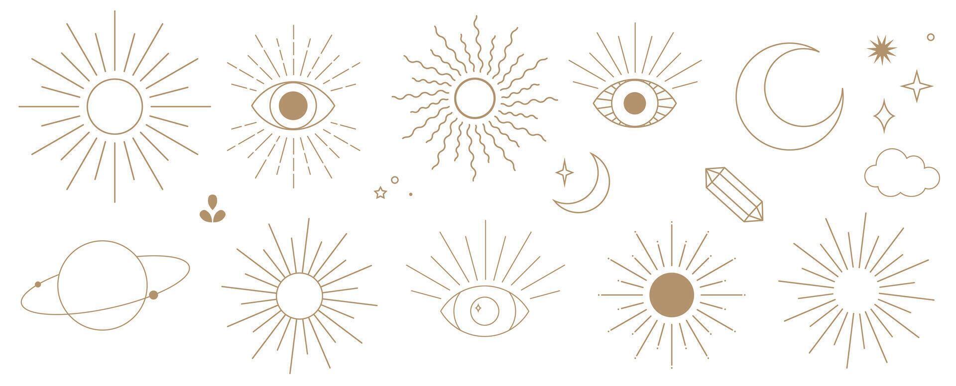 elegante celestial elementos, línea Arte ilustración conjunto rayos de sol y tercero ojo decorativo acortar Arte conjunto en oro vector