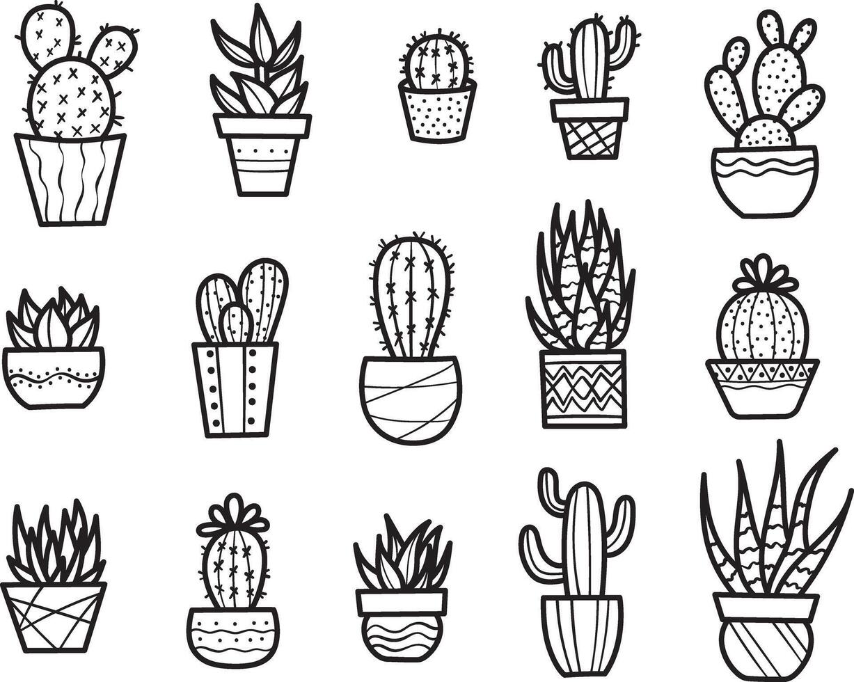 Line art houseplant doodles, hand drawn illustrations of plants in pots, cactus and succulent elements isolated on white background vector